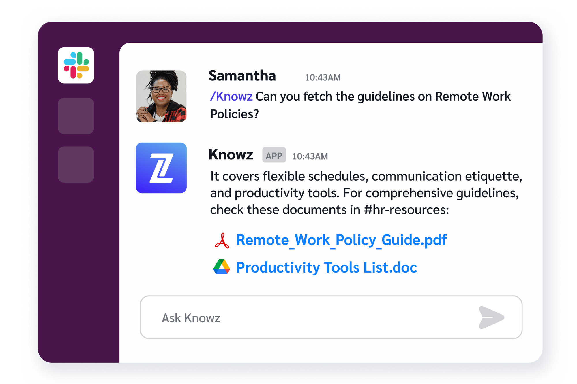 Knowz Slack integration_ AI assistant offering doc attached in conversations